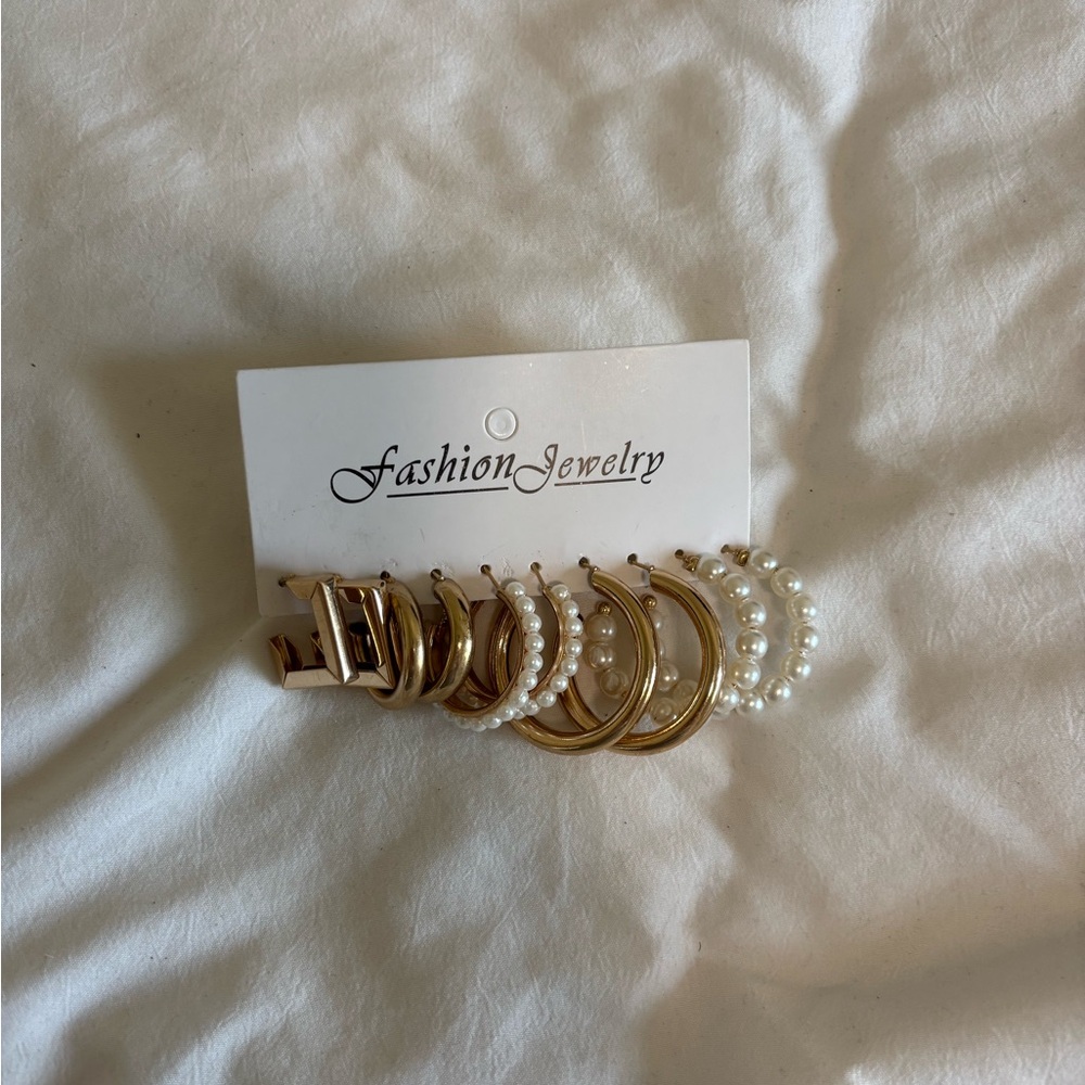 Women's Chunky Golden Pearl Hoop Earring Bundle